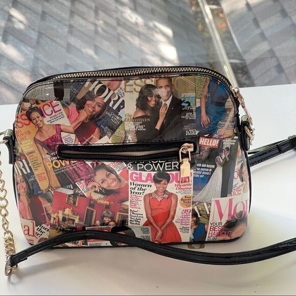 Michelle Obama Glossy Magazine Cover Satchel Style Purse w/Leather & Chain Strap - Picture 7 of 8